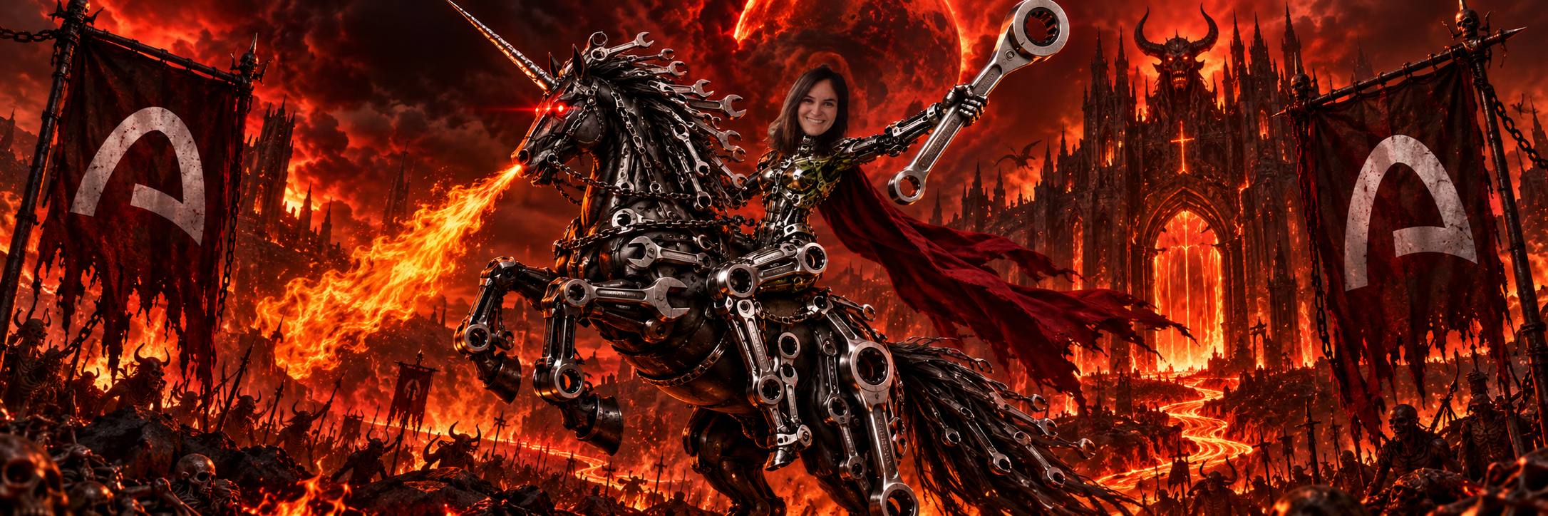 Ratchet Mayor riding a fire-breathing mechanical unicorn through a hellscape, banners of the Arc chain flying